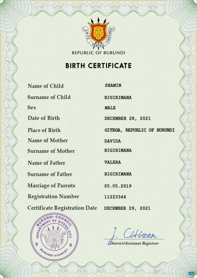 Download Burundi vital record birth certificate PSD template Photoshop template